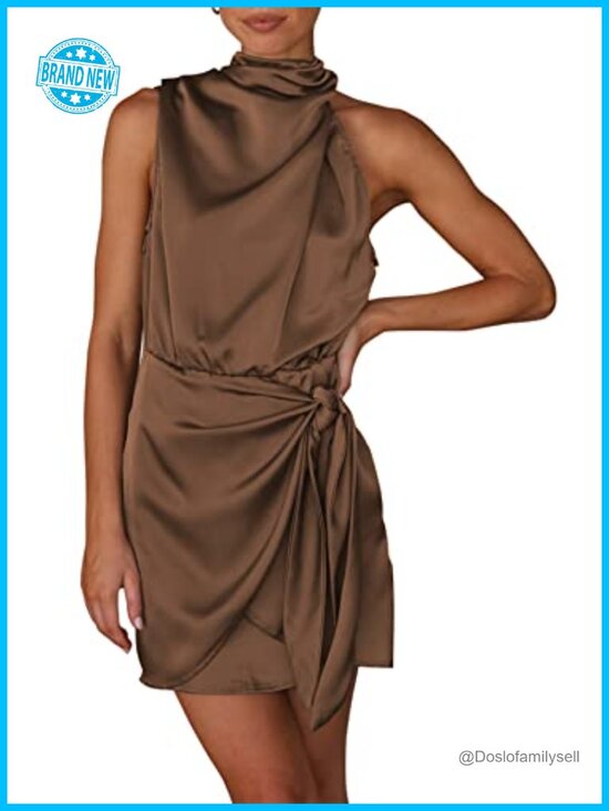 Dresses & Skirts - Satin Mock Neck Tie Waist Mini Dress Sleeveless Bodycon Cocktail Party